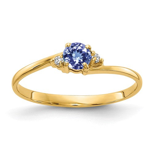 14k gold ring featuring a 4mm Tanzanite gemstone and AA diamonds, elegant jewelry ring from Solomon Jewelers.