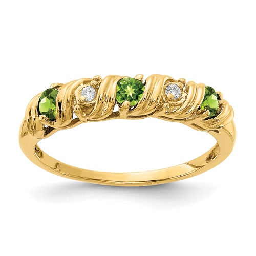 14k gold ring featuring a 2.75mm peridot gemstone and AA diamond accents, crafted by Solomon Jewelers.