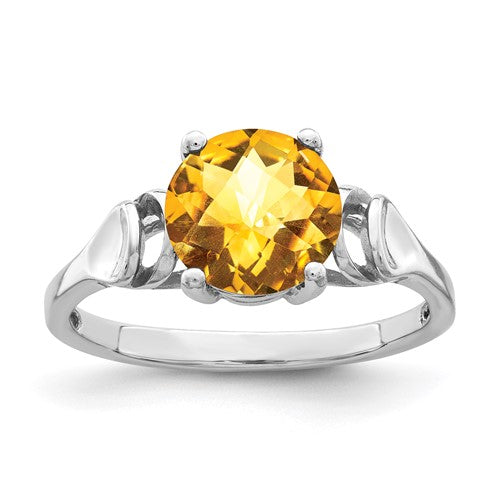 14k white gold checker ring with an 8mm orange citrine gemstone, elegant jewelry piece showcasing a vibrant center stone.