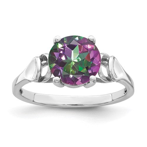 14k white gold Fire Topaz ring featuring an 8mm gemstone, elegant jewelry piece with a polished band and intricate design.