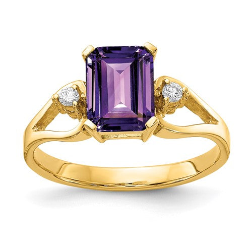 14k gold ring featuring an 8x6mm emerald cut amethyst with AA quality diamonds, crafted by Solomon Jewelers.