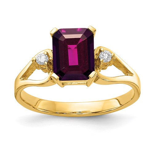 14k gold ring with an 8x6mm emerald cut Rhodolite Garnet and accent diamonds from Solomon Jewelers