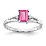 14k white gold ring featuring a 6x4mm emerald cut pink tourmaline with AA-grade diamonds, designed by Solomon Jewelers.