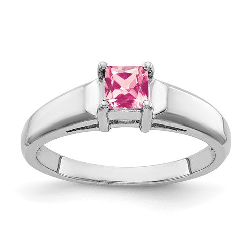 14k white gold princess cut pink tourmaline ring with 4mm gemstone, elegant jewelry piece from Solomon Jewelers.