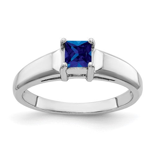14k white gold princess cut sapphire ring featuring a 4mm gemstone, elegant jewelry piece with a sleek band design.