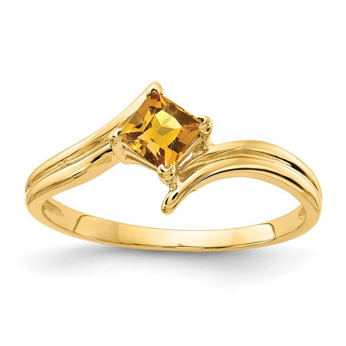 14k gold princess cut citrine ring featuring a 4mm gemstone, elegant jewelry piece from Solomon Jewelers.