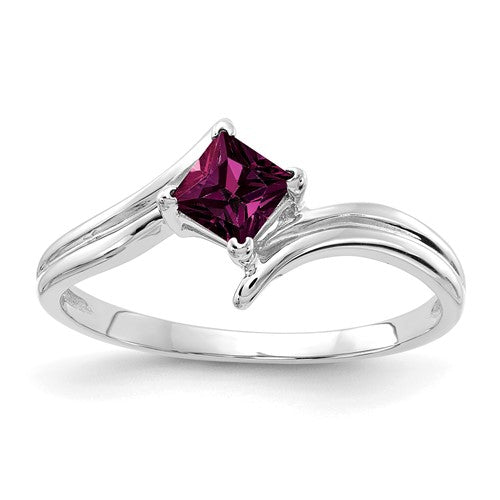 14k white gold ring featuring a 4mm princess cut Rhodolite garnet gemstone, elegant jewelry from Solomon Jewelers.