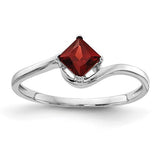 14k white gold princess cut garnet ring with a 4mm gemstone, elegant jewelry from Solomon Jewelers.