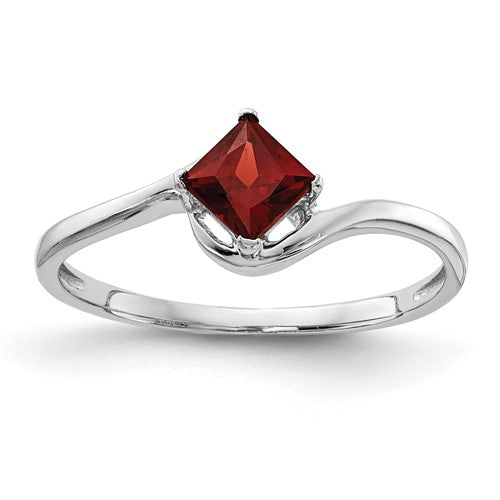 14k white gold princess cut garnet ring with a 4mm gemstone, elegant jewelry from Solomon Jewelers.
