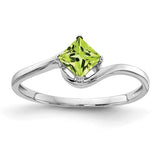 14k white gold princess cut peridot ring with a 4mm gemstone, elegant jewelry piece from Solomon Jewelers.