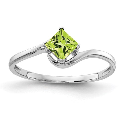 14k white gold princess cut peridot ring with a 4mm gemstone, elegant jewelry piece from Solomon Jewelers.