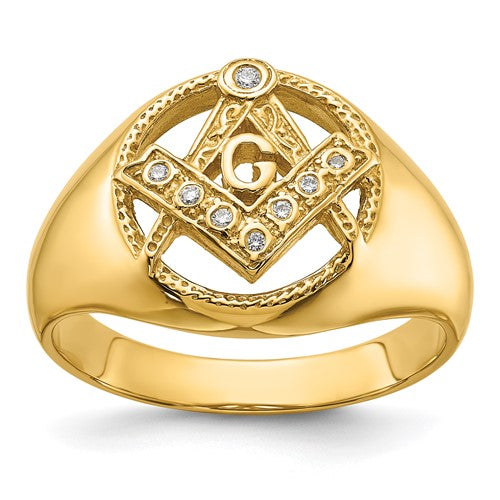 14k men's polished and textured diamond Masonic ring with AA quality diamonds, featuring intricate jewelry craftsmanship.