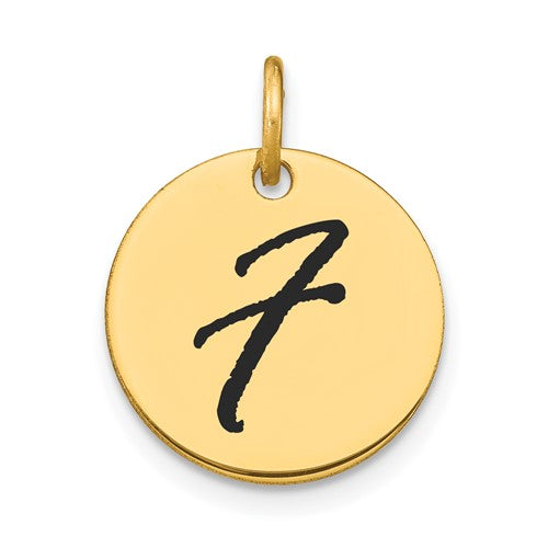 14k gold pendant with polished black enamel letter F initial disk charm, ideal for jewelry and personalized accessories.