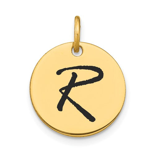 14k-polished-black-enamel-letter-r-initial-disk-charm-SolomonJeweler-Wichita-KS-CustomJewelry