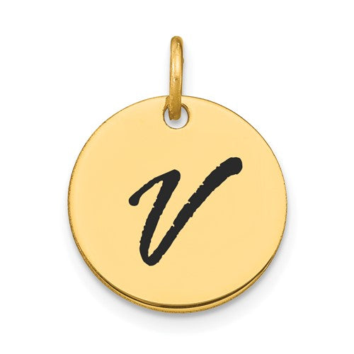 14k-polished-black-enamel-letter-v-initial-disk-charm-SolomonJeweler-Wichita-KS-CustomJewelry