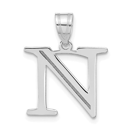 Gold polished etched letter N initial pendant with 14k design, crafted by Solomon Jewelers.