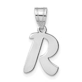 Gold pendant featuring a polished script letter R initial, designed by Solomon Jewelers for elegant jewelry styling.