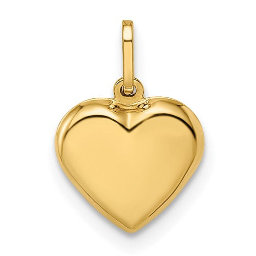 14k gold polished puffed heart pendant from Solomon Jewelers, showcasing a shiny, smooth heart-shaped charm.