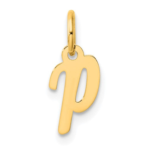 14K gold small script letter P initial charm, pendant jewelry from Solomon Jewelers, featuring delicate gold craftsmanship.
