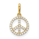 14k gold polished CZ peace sign pendant hanging from a chain, jewelry accessory from Solomon Jewelers.