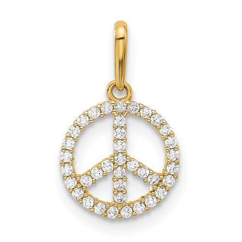 14k gold polished CZ peace sign pendant hanging from a chain, jewelry accessory from Solomon Jewelers.