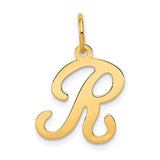 14K gold script letter R initial charm pendant from Solomon Jewelers, featuring a stylish and elegant design.