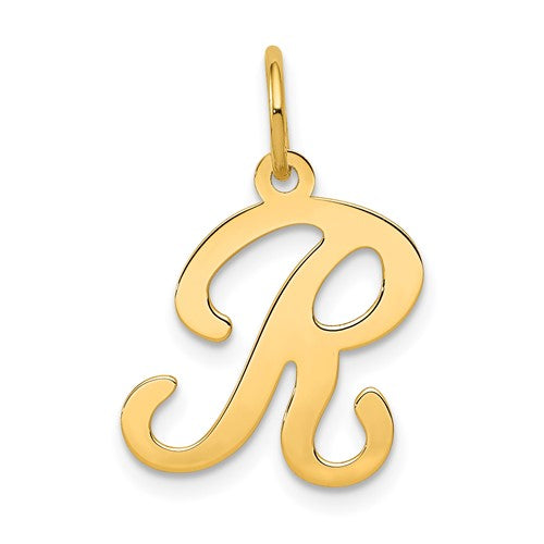 14K gold script letter R initial charm pendant from Solomon Jewelers, featuring a stylish and elegant design.