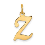 14K gold script letter Z initial charm, Solomon Jewelers gold pendant with elegant design, perfect for necklaces or bracelets.
