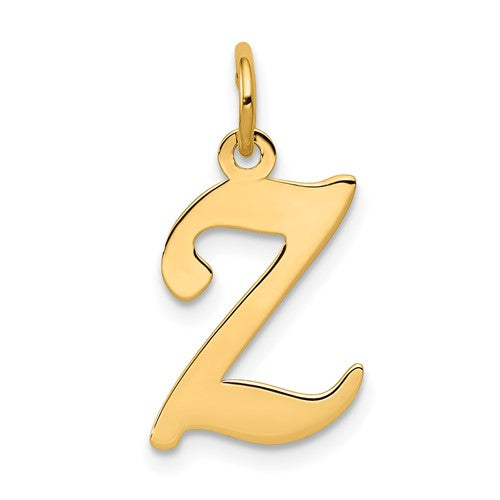 14K gold script letter Z initial charm, Solomon Jewelers gold pendant with elegant design, perfect for necklaces or bracelets.