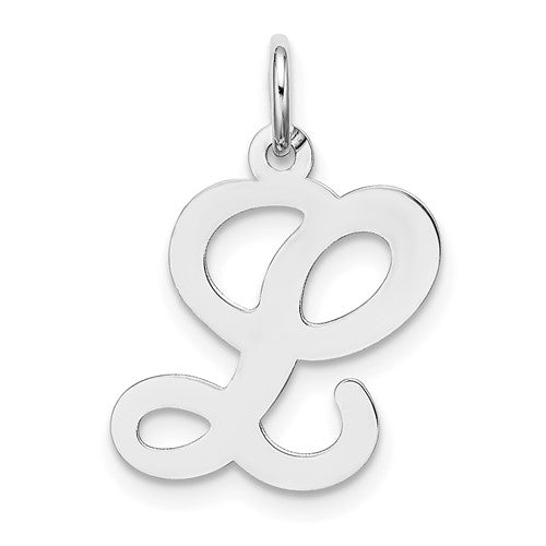 14KW white gold script letter L initial charm, jewelry pendant with elegant design from Solomon Jewelers.