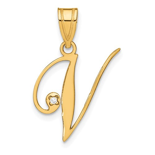 14ky-script-letter-v-initial-pendant-with-diamond-SolomonJeweler-Wichita-KS-CustomJewelry