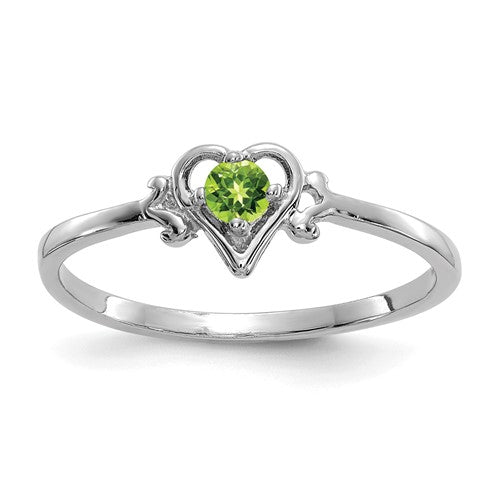 14K white gold peridot birthstone heart ring, elegant jewelry with a vibrant green gemstone and intricate design.