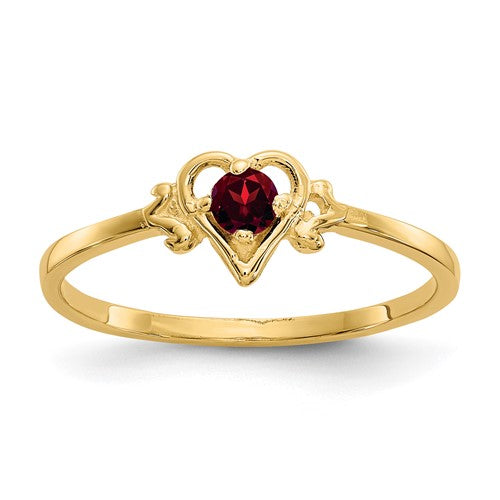 14K gold garnet heart ring from Solomon Jewelers, featuring a vibrant garnet gemstone in a romantic heart design.