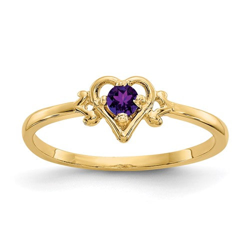 14K gold amethyst birthstone heart ring with intricate design, crafted by Solomon Jewelers, showcasing a beautiful purple gemstone.