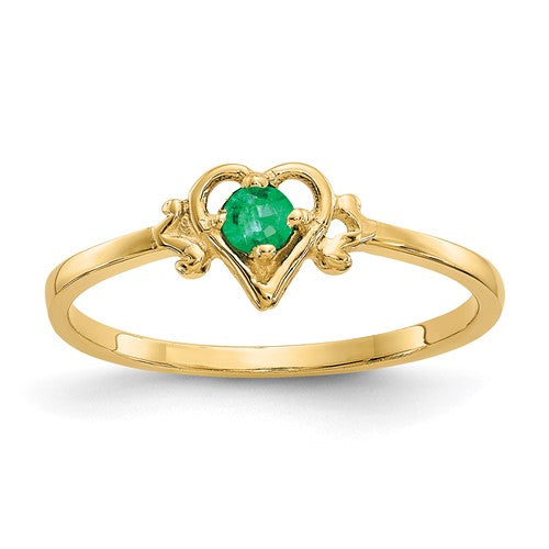 14K gold emerald birthstone heart ring from Solomon Jewelers, featuring a detailed heart-shaped design with a vibrant emerald gemstone.