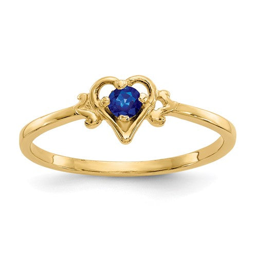 14K gold sapphire birthstone heart ring from Solomon Jewelers, featuring a beautiful blue gemstone and elegant design.