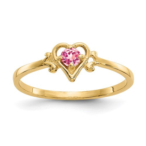 14K pink tourmaline heart birthstone ring from Solomon Jewelers, featuring a delicate pink gemstone on a gold band.