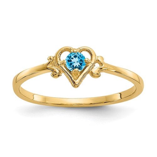 14K gold blue topaz heart-shaped birthstone ring from Solomon Jewelers, featuring a sparkling blue topaz gem.