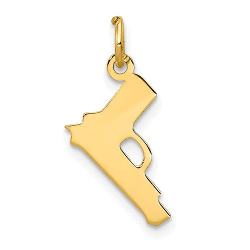 14k gold pistol charm pendant from Solomon Jewelers, detailed jewelry accessory with a sleek firearm design.