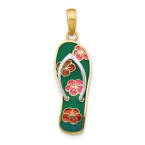 14k-rhodium-3d-enameled-flowers-on-green-flip-flop-pendant-SolomonJeweler-Wichita-KS-CustomJewelry