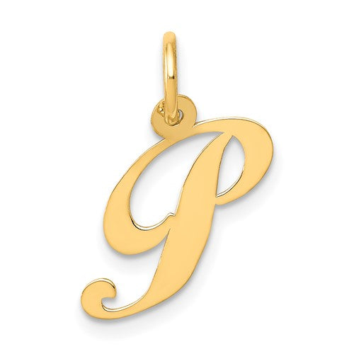 14K gold initial P charm from Solomon Jewelers, small fancy script letter pendant for necklaces or bracelets.