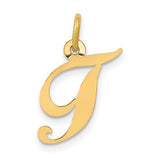 14K gold initial T charm with fancy script design, ideal for pendants or bracelets, by Solomon Jewelers.
