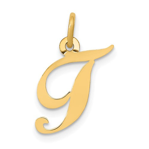14K gold initial T charm with fancy script design, ideal for pendants or bracelets, by Solomon Jewelers.