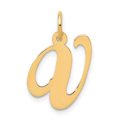 14K gold initial letter V charm pendant with fancy script design, perfect for necklaces and jewelry by Solomon Jewelers.