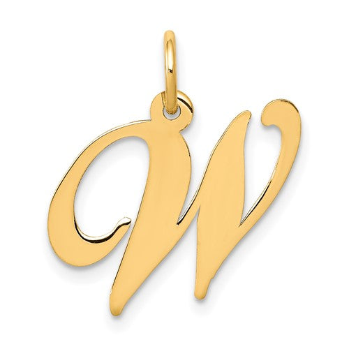 14K gold initial letter W charm in a fancy script style, designed for necklaces or bracelet jewelry.