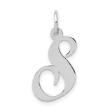 14K white gold medium fancy script letter S initial charm pendant, detailed gold jewelry piece with elegant design
