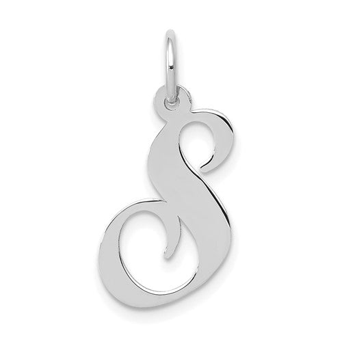 14K white gold medium fancy script letter S initial charm pendant, detailed gold jewelry piece with elegant design