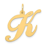 14k gold large fancy script letter K initial charm, Solomon Jewelers pendant with elegant design and polished finish.