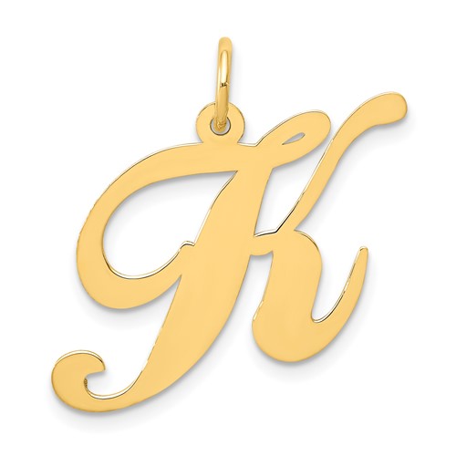 14k gold large fancy script letter K initial charm, Solomon Jewelers pendant with elegant design and polished finish.