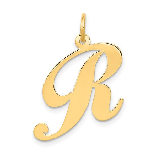 Gold pendant charm featuring a large fancy script letter R initial, crafted in 14k gold, from Solomon Jewelers.